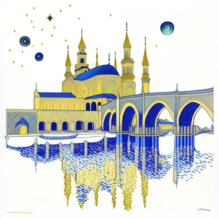 Fantastical yellow and blue mosque with reflective water and planets on white background