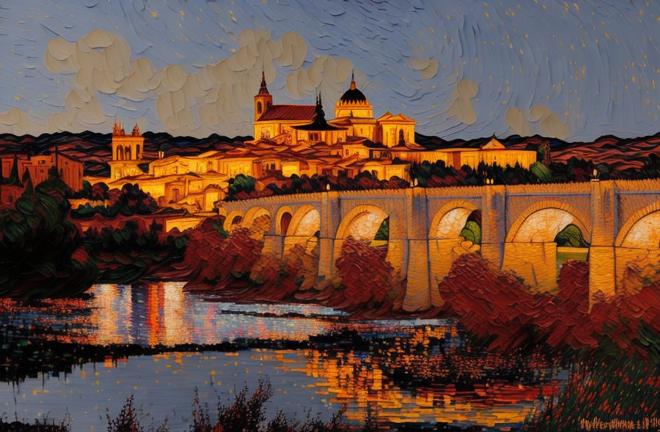 Impressionist-style painting of arched bridge over reflective river