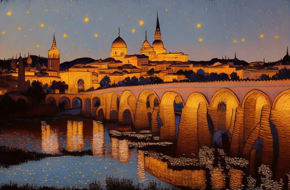 Historic cityscape with multi-arched bridge under starry night