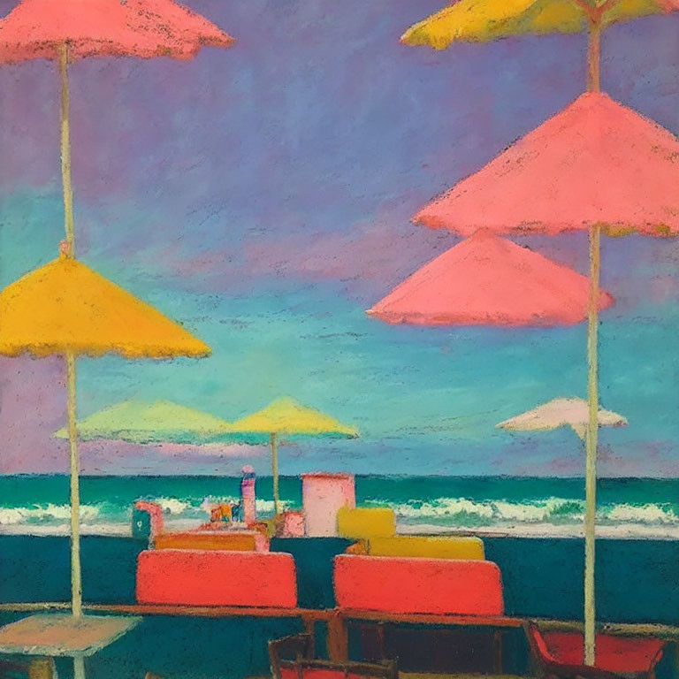 Vibrant Beach Scene with Pink and Yellow Umbrellas