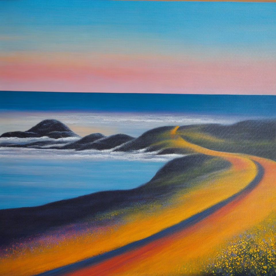 Colorful coastal sunset painting with winding path, calm sea, orange and blue sky