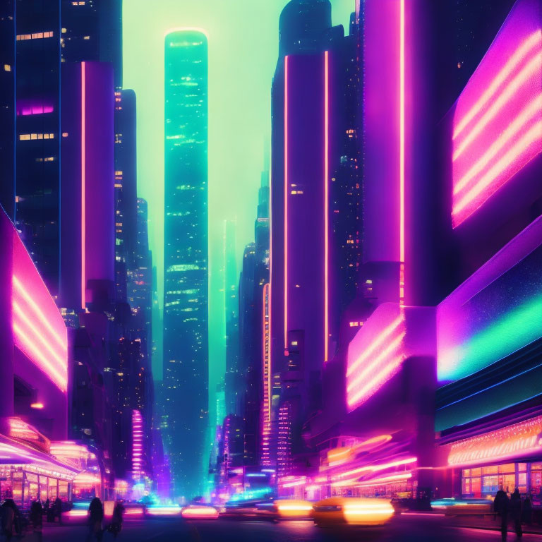 Vibrant pink and blue neon-lit futuristic cityscape