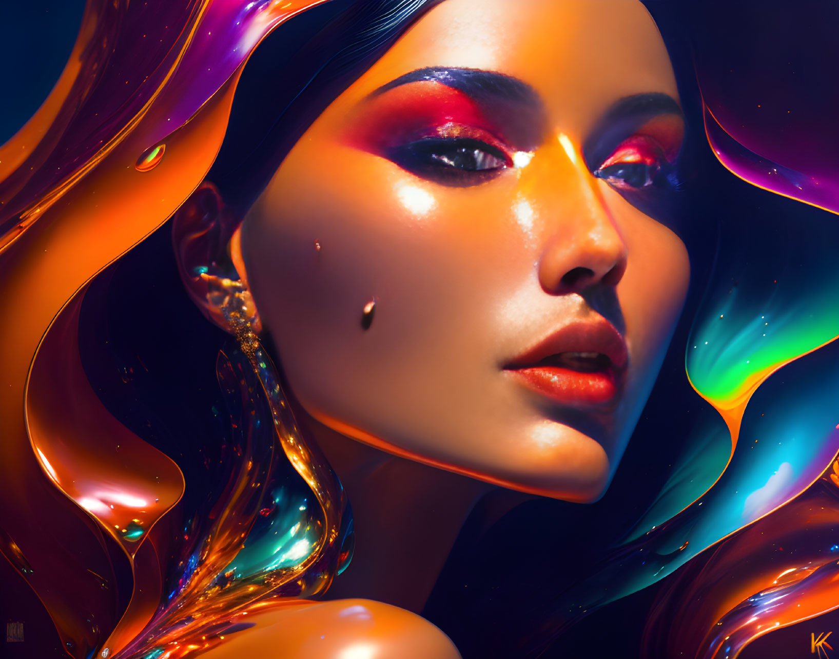 Vibrant digital artwork: woman with striking makeup and metallic shapes