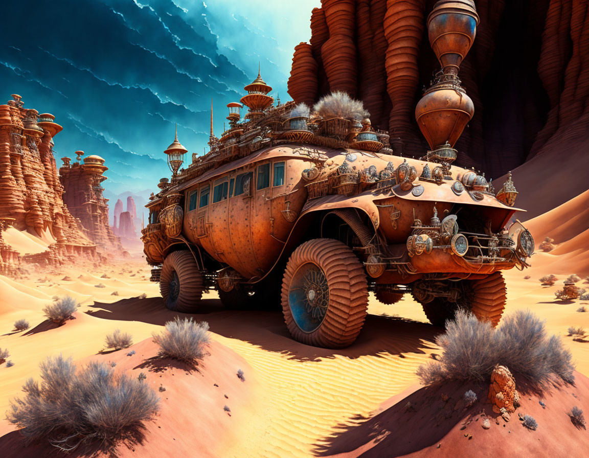 Steampunk-style vehicle in desert with ornate details