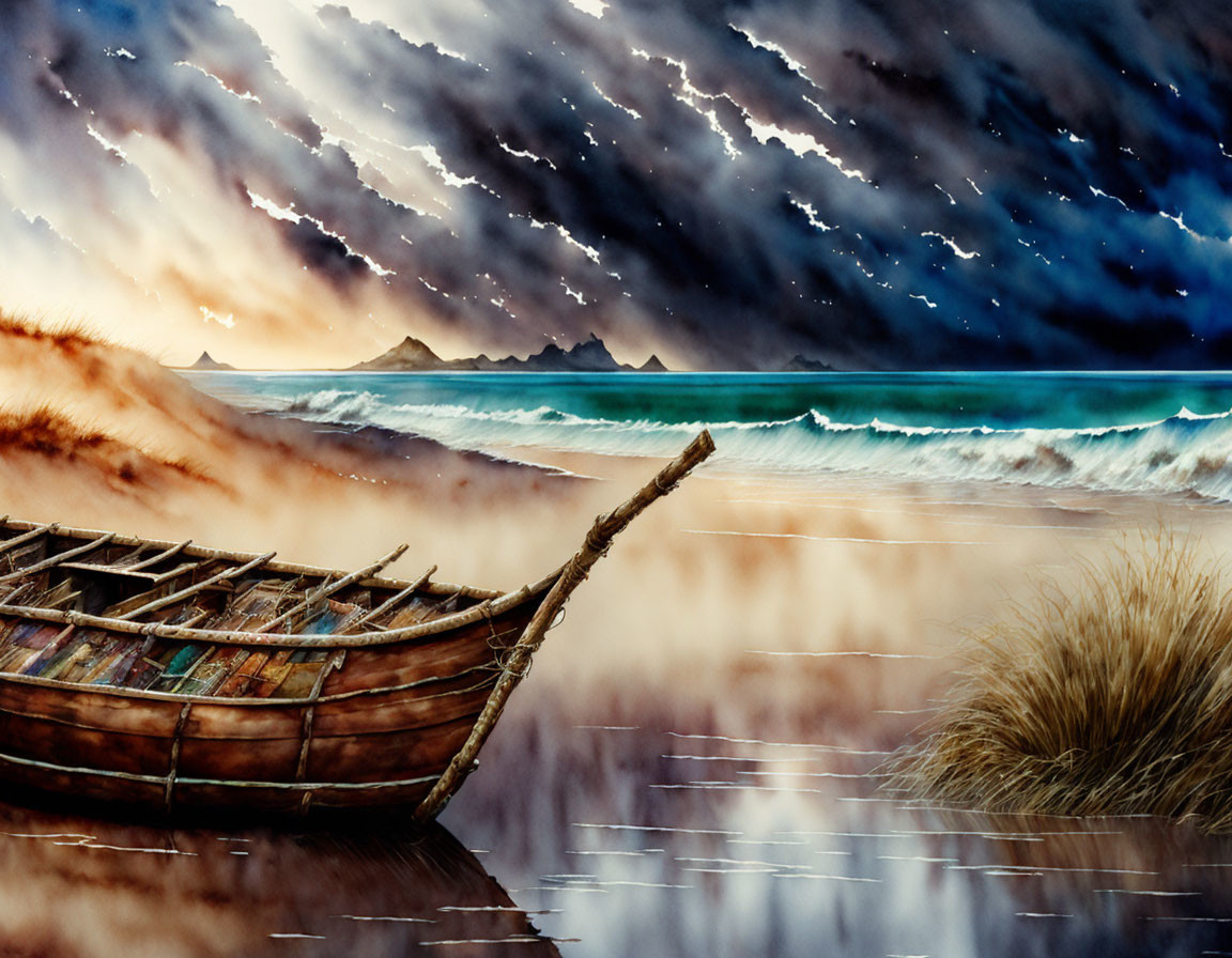 Scenic painting of wooden boat on beach with dynamic skies & mountains