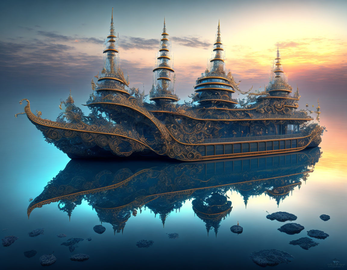 Golden ornate ship with spires on tranquil water under serene sky
