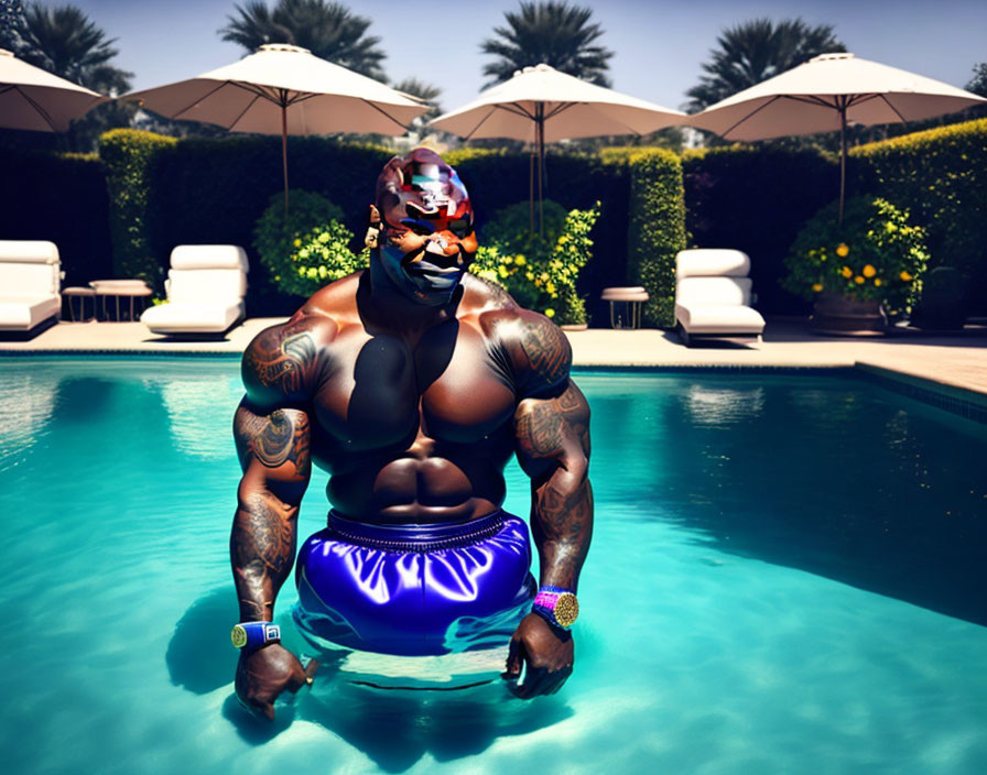 Muscular person in swim shorts and sunglasses standing in pool landscape