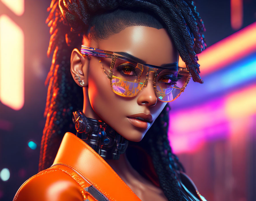 Digital Art: Woman with Futuristic Sunglasses & Intricate Hairstyle on Neon Background