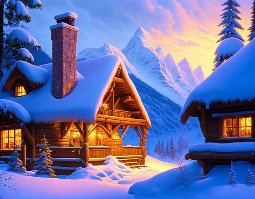 Snowy Twilight Scene: Glowing Log Cabins & Snow-Capped Mountains