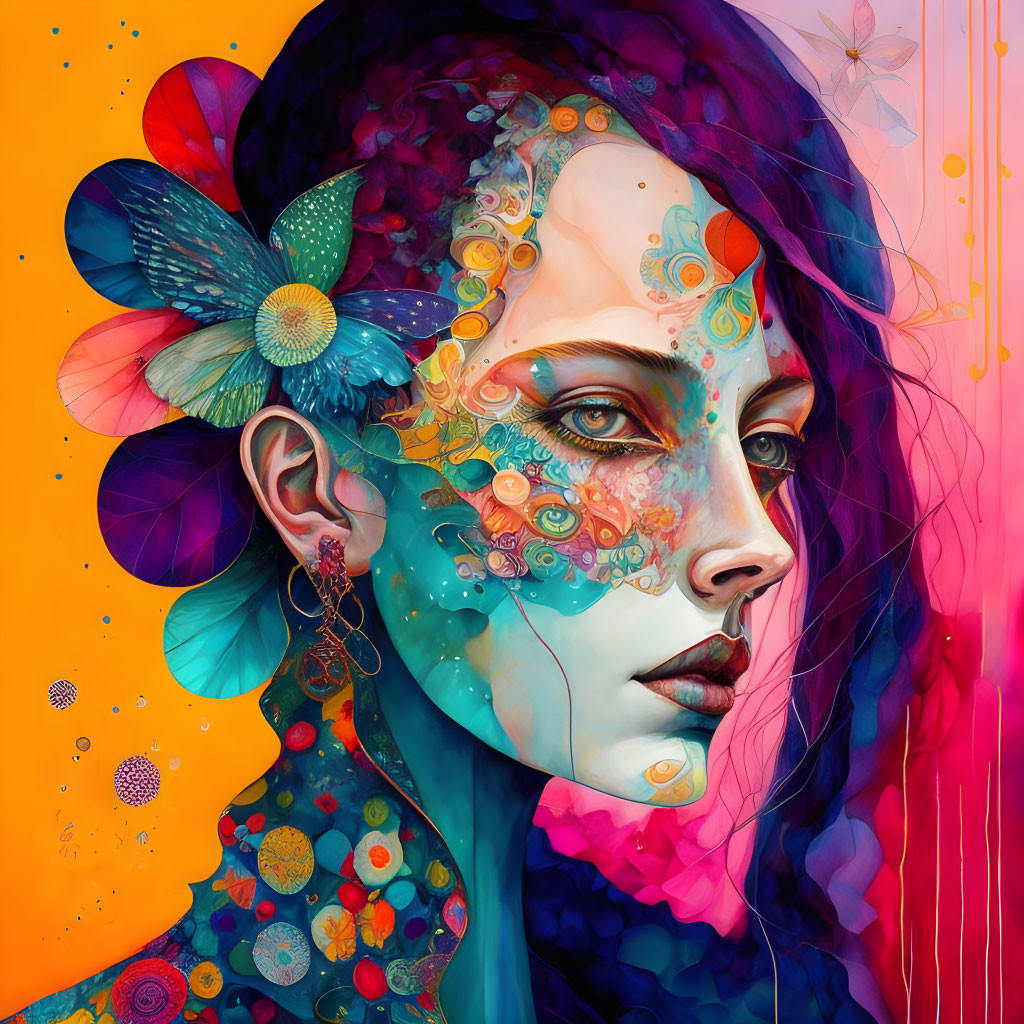 Colorful Artwork: Woman with Floral and Abstract Patterns