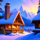 Snowy Twilight Scene: Glowing Log Cabins & Snow-Capped Mountains