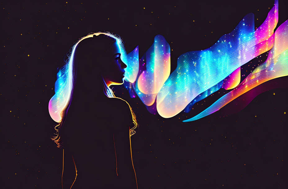 Silhouette of woman with neon light waves on dark background