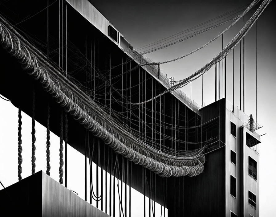 Monochrome photo of suspension bridge architecture and cables against clear sky