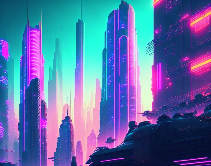 Futuristic cyberpunk cityscape with neon-lit skyscrapers