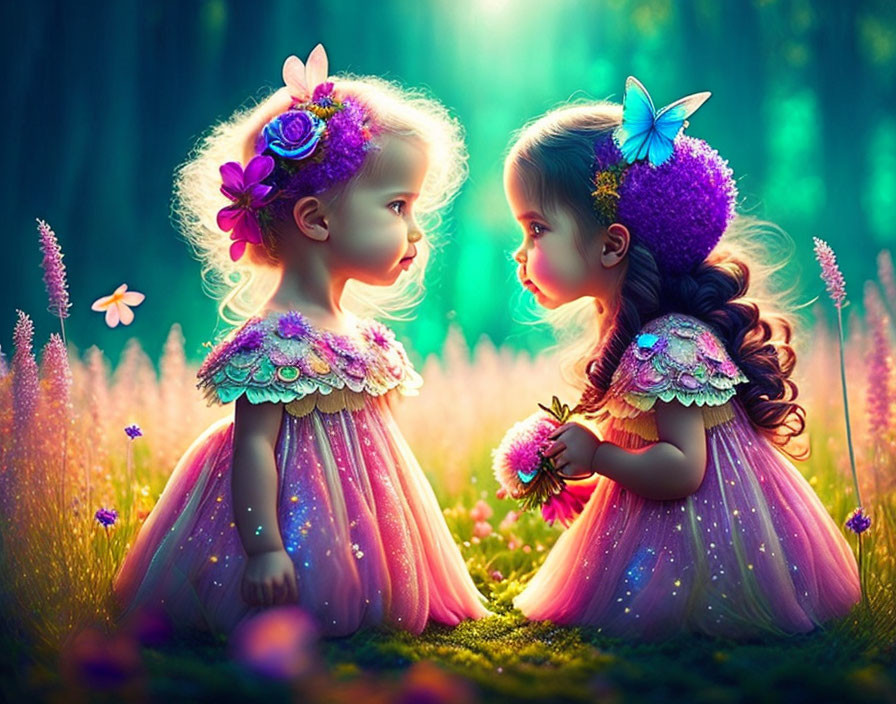 Young girls in butterfly-wing dresses in vibrant forest setting