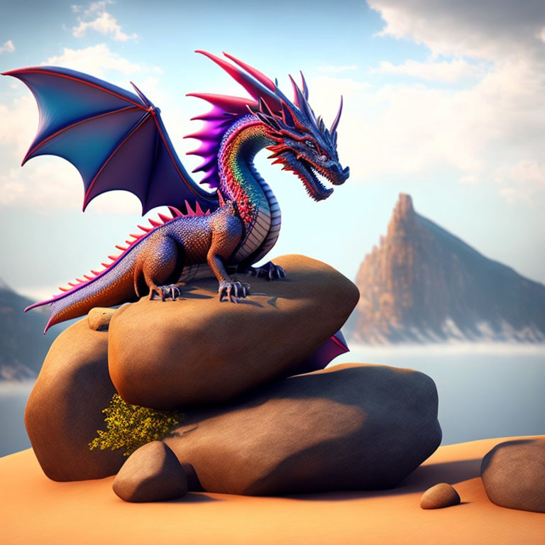 Colorful Dragon Perched on Rocks with Blue and Purple Hues