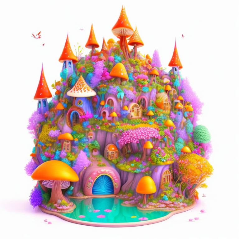 Colorful fairy-tale mushroom village with whimsical houses and serene pond