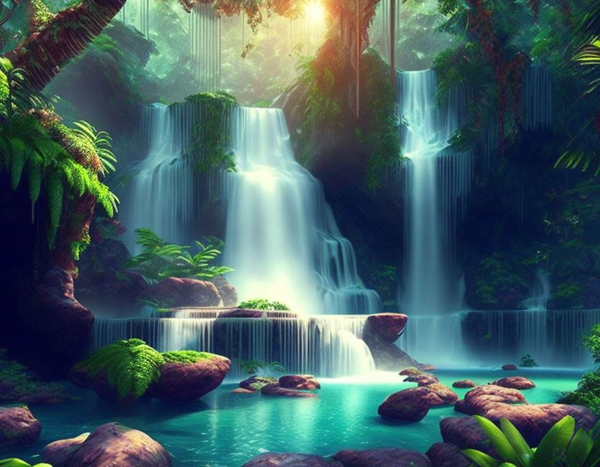 Tranquil waterfall in lush green setting