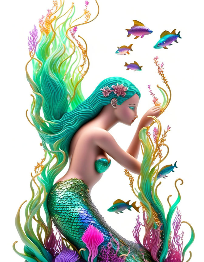 Vibrant mermaid illustration among marine flora and fauna