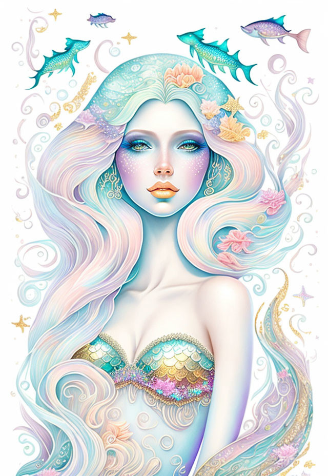 Vibrant illustration of woman with pastel hair, marine life, celestial motifs