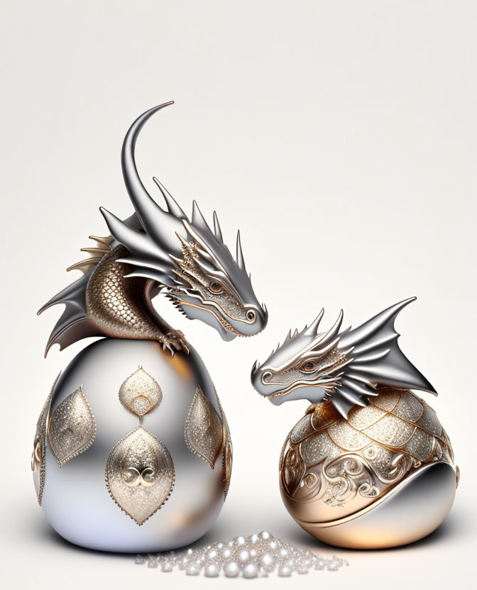 Metallic Dragons on Ornate Eggs with Intricate Patterns and Pearls