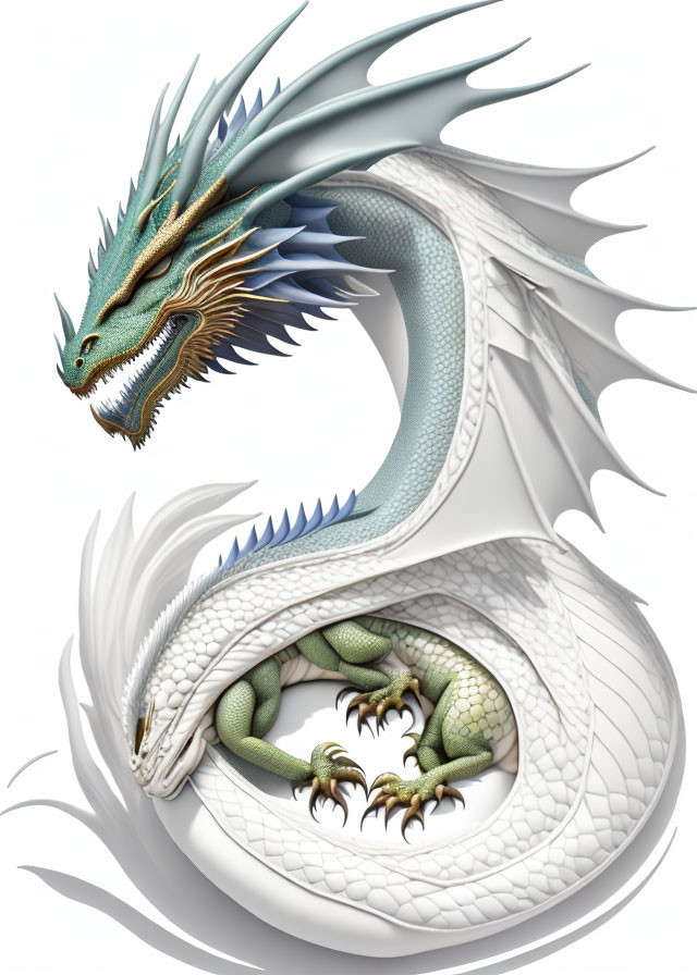 Detailed coiled dragon with blue and green scales