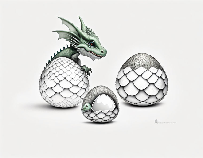 Fantasy digital illustration: Green dragon hatchling on open egg, with two closed dragon eggs