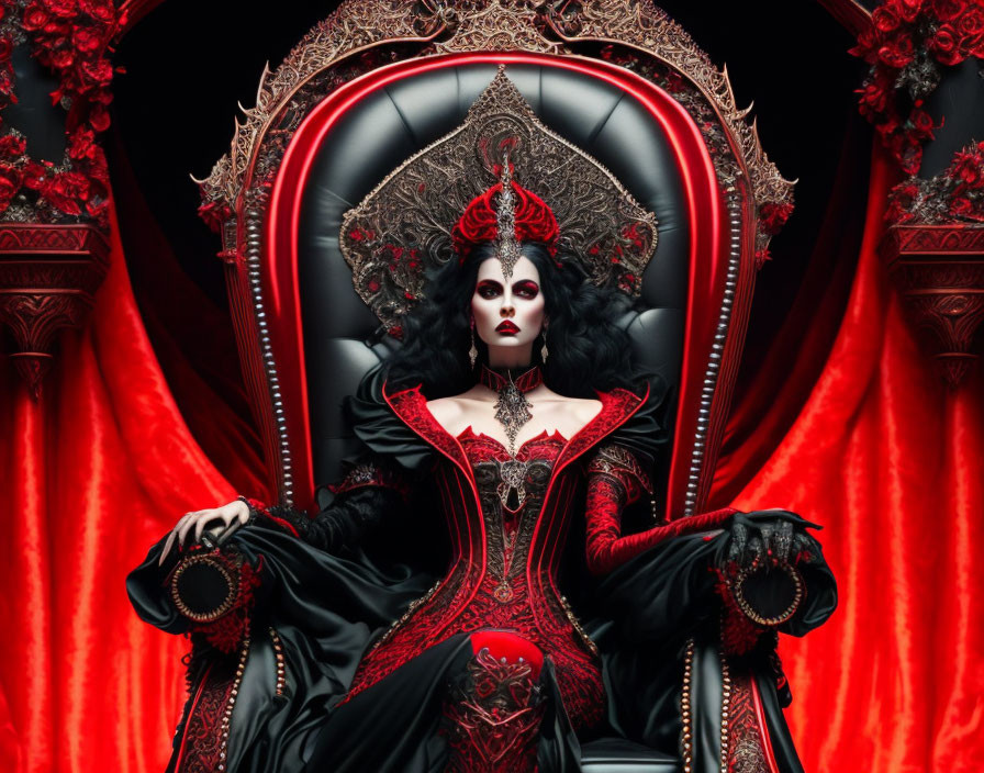 Regal woman in black and red gown on throne with luxurious backdrop