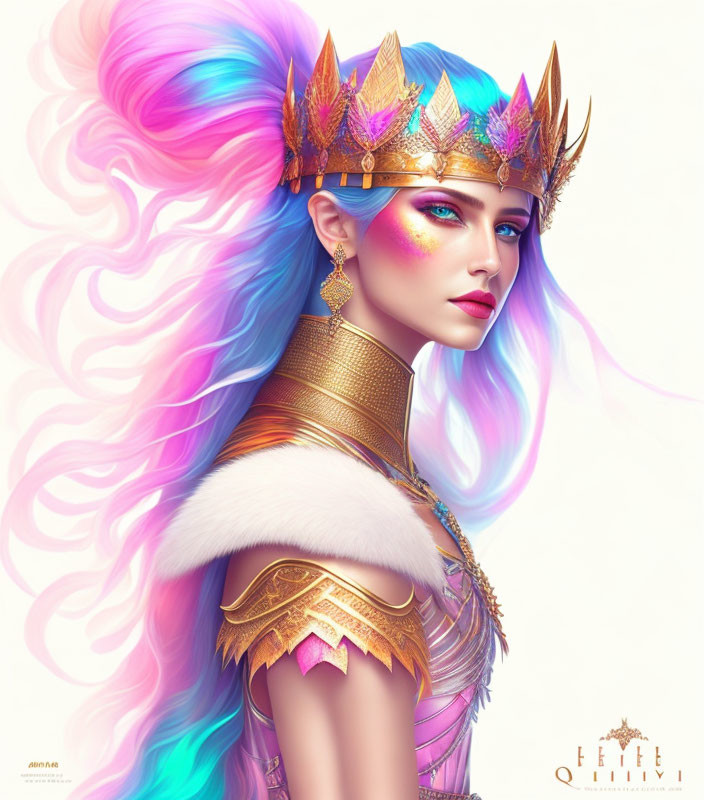 Fantasy queen digital artwork with golden crown and vibrant hair