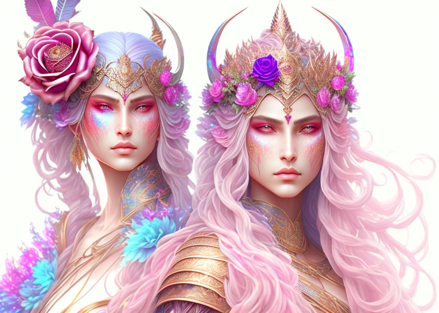 Ethereal fantasy characters with pink and purple hues and intricate floral crowns