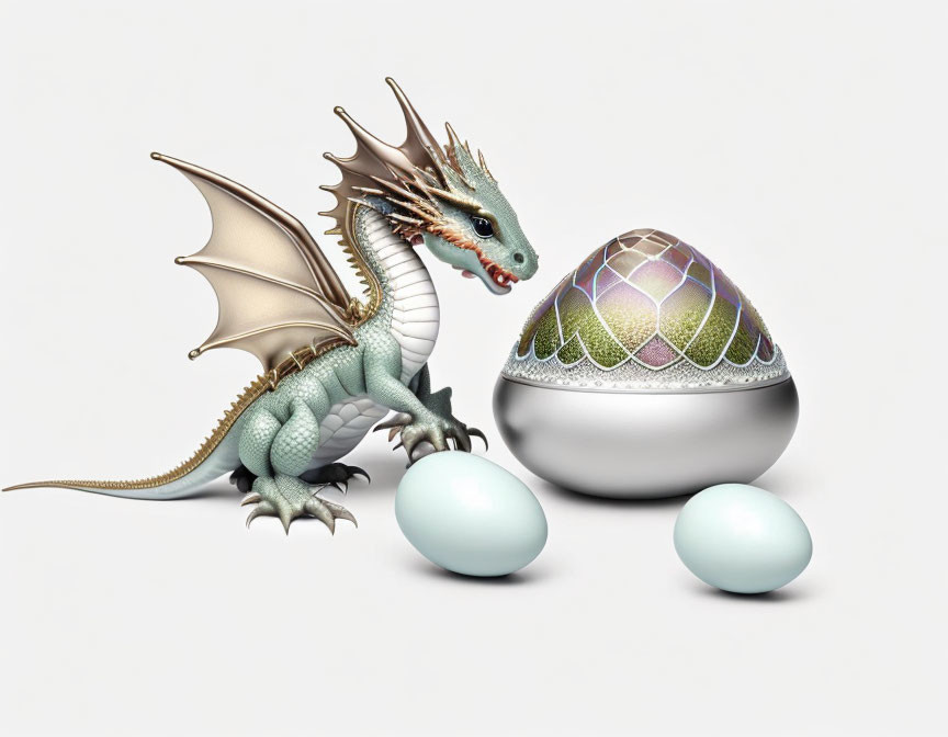 Blue-green dragon with wings and ornate eggs on light background