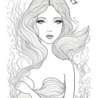 Vibrant illustration of woman with pastel hair, marine life, celestial motifs