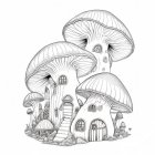 Colorful fairy-tale mushroom village with whimsical houses and serene pond