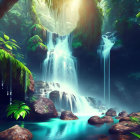 Tranquil waterfall in lush green setting