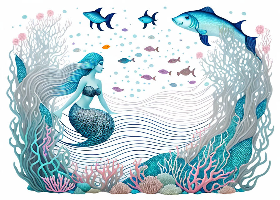 Colorful Mermaid Illustration Among Coral and Fish