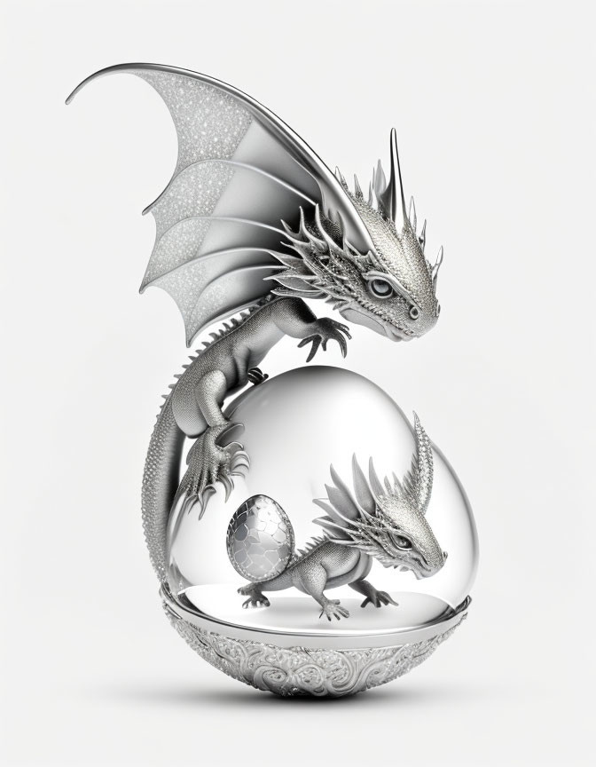 Digital Artwork: Metallic Dragons on Reflective Sphere - Detailed Scales & Wings