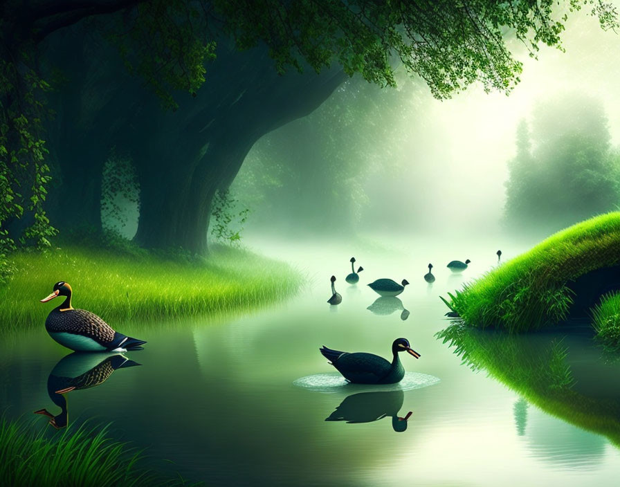 Tranquil pond with ducks in misty landscape