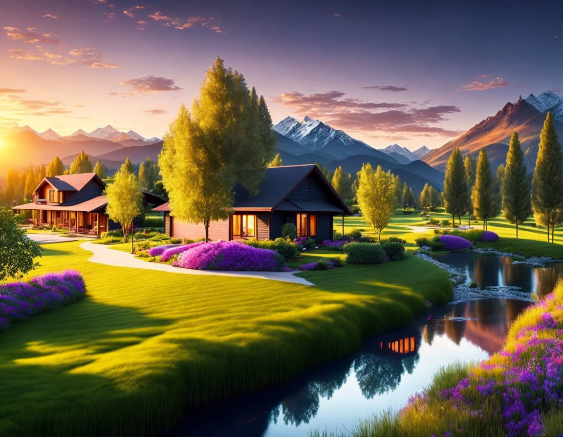 Modern houses, green lawns, flowers, pond, mountains in sunset view