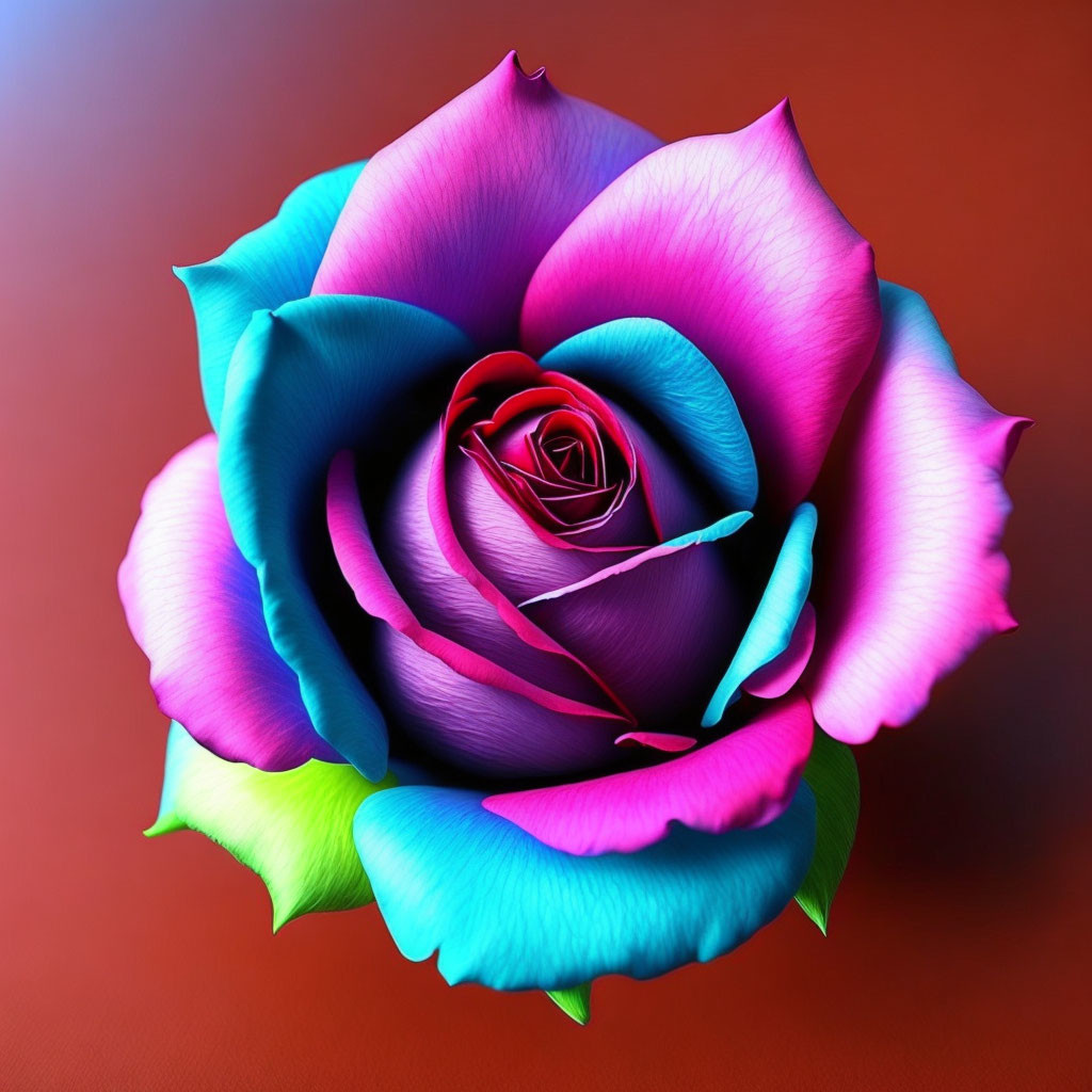 Vibrant digitally altered rose with gradient pink to blue petals on red background