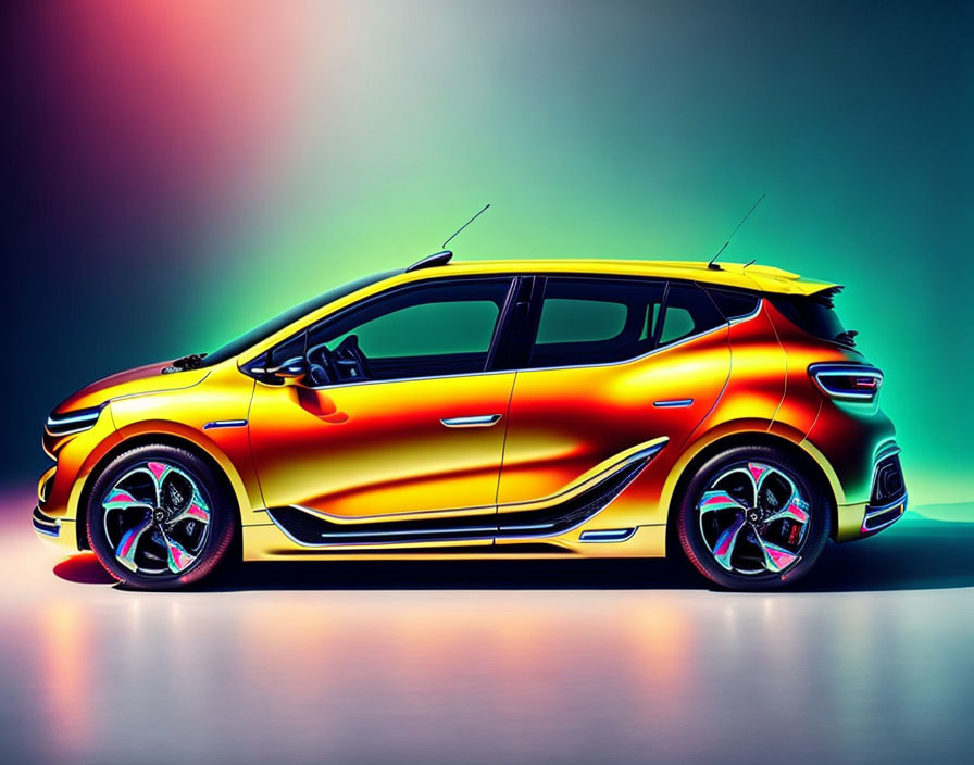 Colorful Car with Fiery Paint on Gradient Background