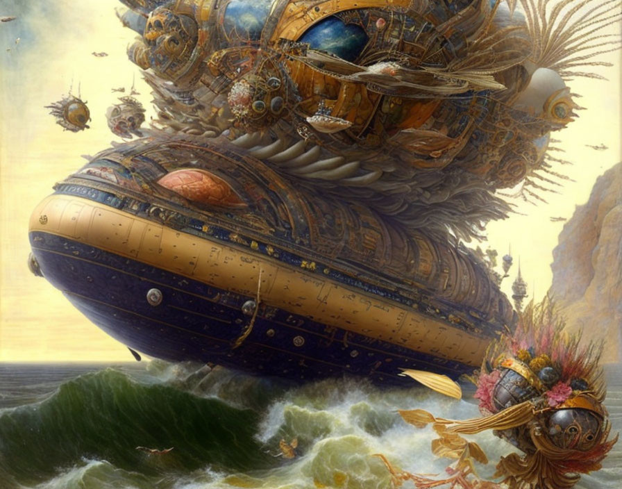 Steampunk airship with metallic ornaments above choppy sea waters