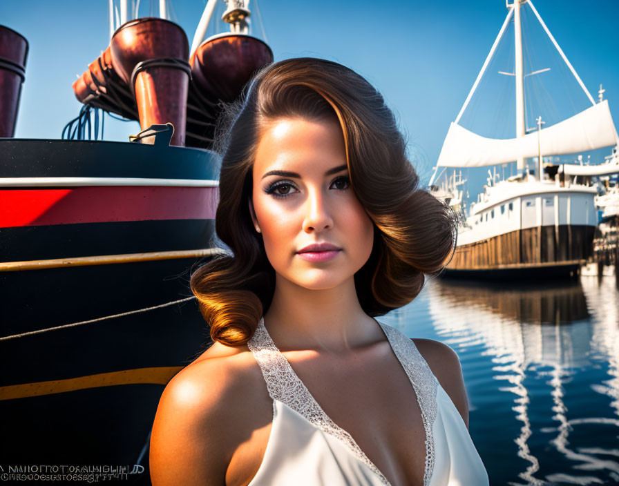 Curled hair woman with makeup in harbor with ships and masts