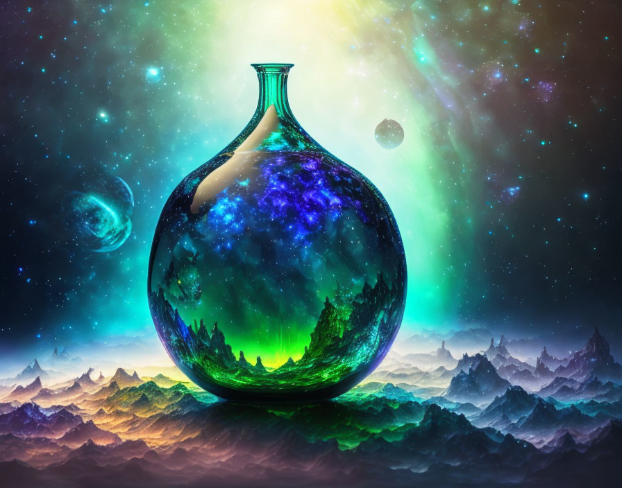 Colorful cosmic landscape in glass bottle with distant planets.