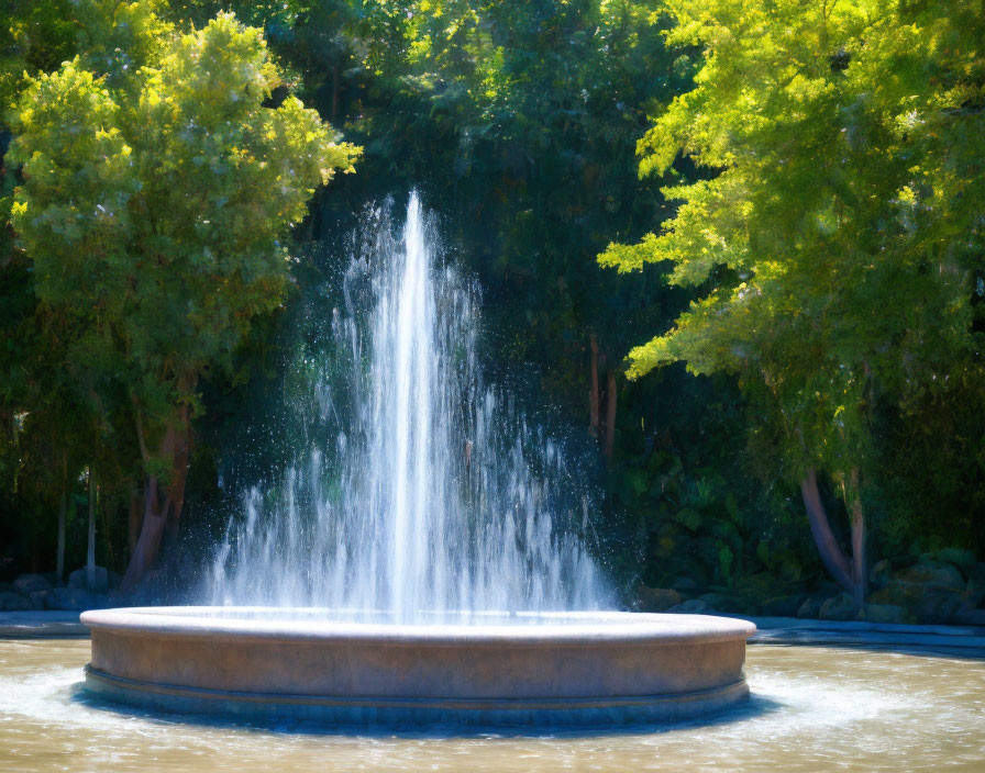 Tranquil fountain with water jet in lush green setting