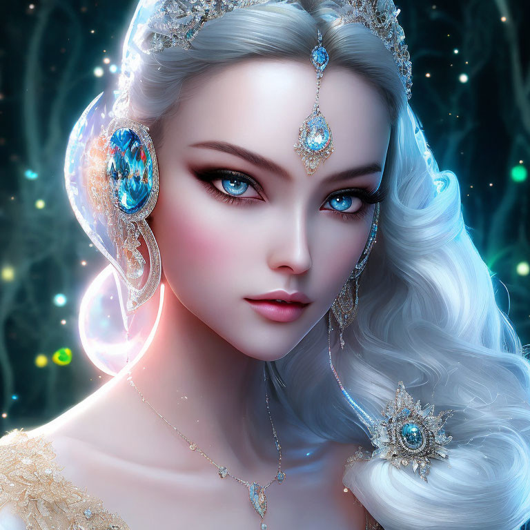 Digital art portrait of woman with blue eyes, white hair, adorned with jewelry and gold crown in magical