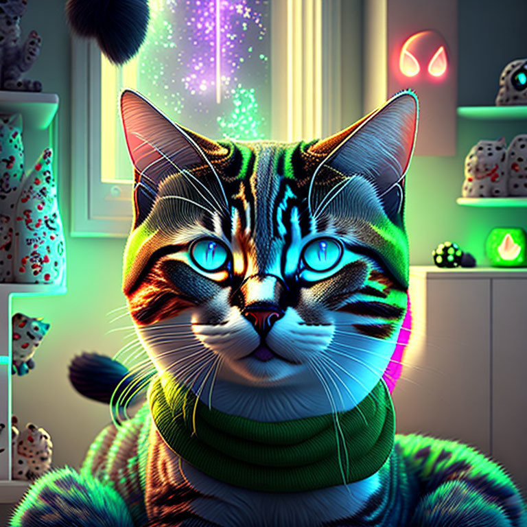 Colorful cat illustration in green turtleneck with blue eyes.