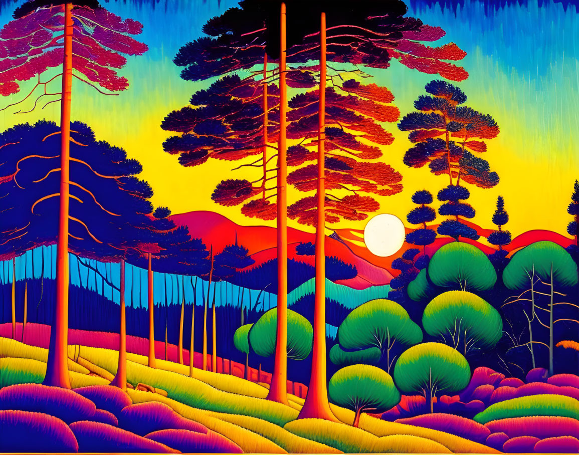 Colorful Stylized Landscape with Pines and Setting Sun/Moon