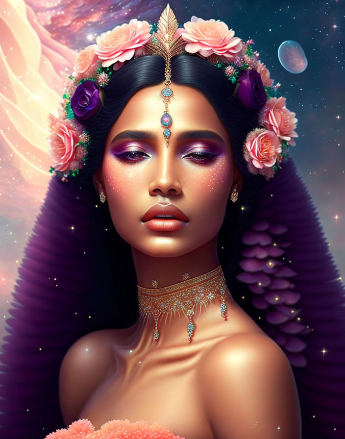 Digital portrait of woman with floral headpiece and cosmic backdrop