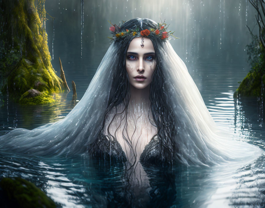 Mystical woman with blue eyes and flower crown emerges from misty waters