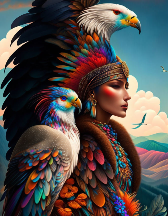 Surreal portrait of woman's face merged with vibrant plumage and eagle essence against mountain backdrop